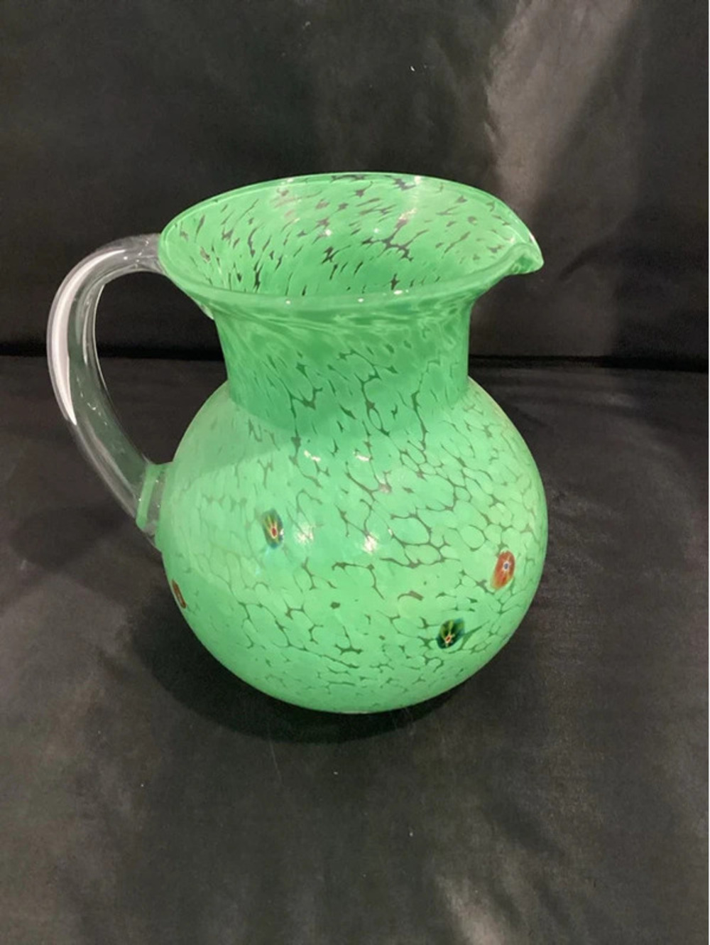 Green Hand Blown Murano Glass Pitcher with flower like glass inserts